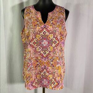 Verse Pink Yellow & Purple Printed Sleeveless Split V-Neck Blouse
